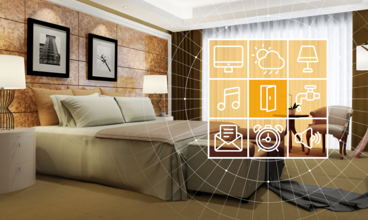 Smart Hotel featuring a modern bedroom image with overlayed graphics