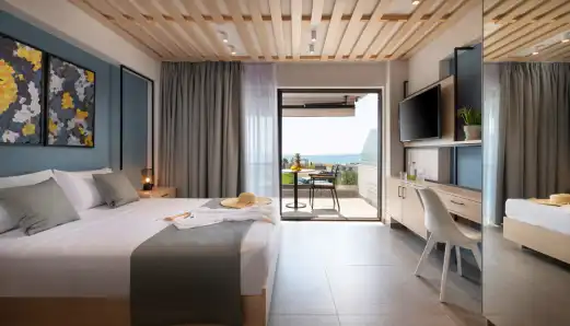 Modern bedroom interior overviewing the sea