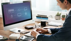 A businessman working at a desk, typing on a keyboard- Image used for DzPortal- Unified Access Platform