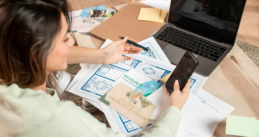 Woman working at a table with blueprints, a laptop, and a brochure about ecology and growth