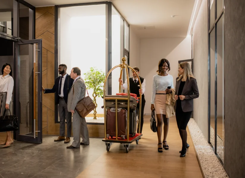 Hotel bellhop pushing a luggage cart past hotel guests walking in a modern lobby.