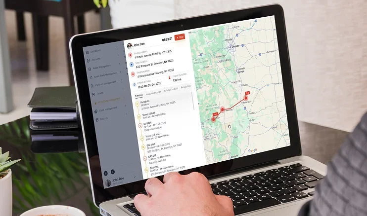 DzSense: The image depicts a person using a laptop to view a connected device monitoring application, which displays a list of statuses alongside a map showing a tracked route.