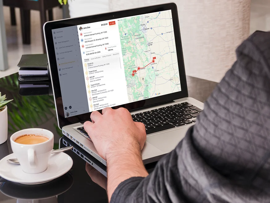 DzSense: The image depicts a person using a laptop to view a connected device monitoring application, which displays a list of statuses alongside a map showing a tracked route.
